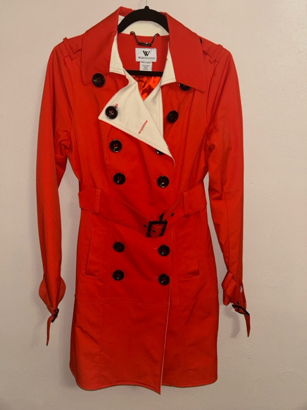Worthington orange Red Trench pea Coat with Cream Lapel